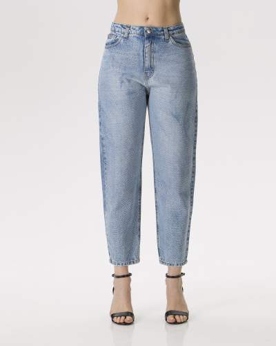 Jeans donna stretto con applicazioni sabbiato chiaro a vita alta 
